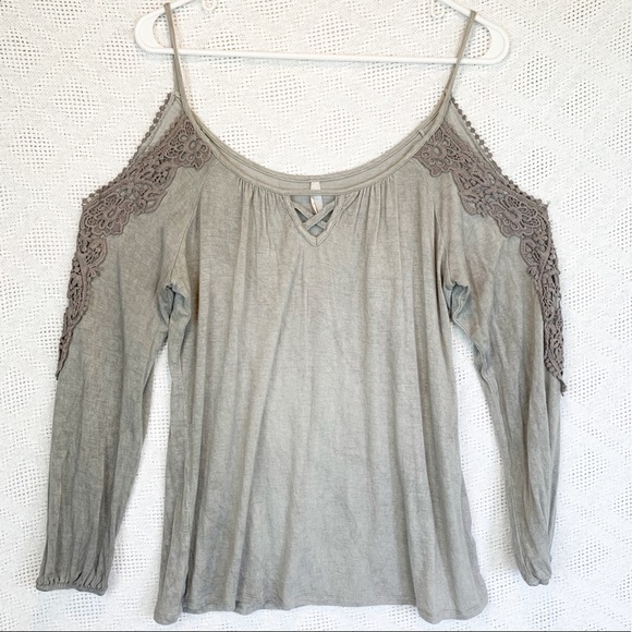 Vanity Tops - Vanity Medium Olive Green Grey Lace Long Sleeve Cold Shoulder Knit Top Boho